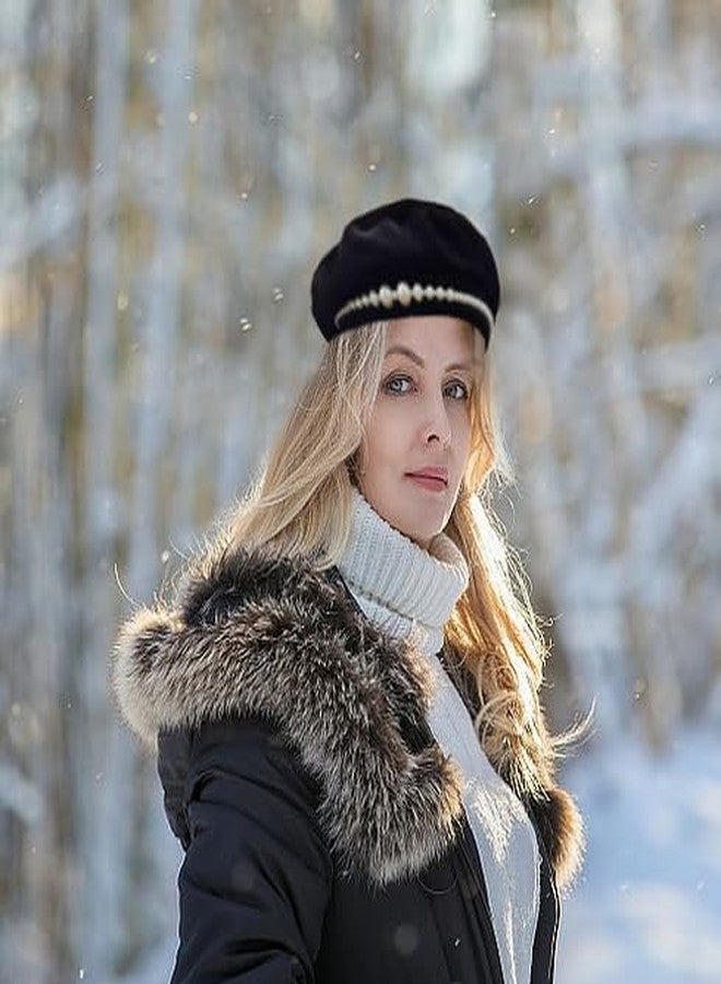 Minache Women Girls Black Velvet Beret Pearls French Beret Solid Color Artist Hat Winter Warm Beanies Hats - Image 2